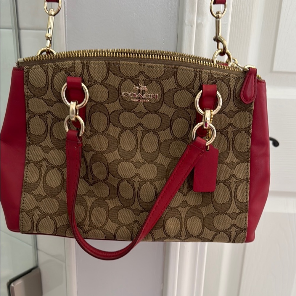 Coach Red and Brown Shoulder Bag with Monogram Pattern